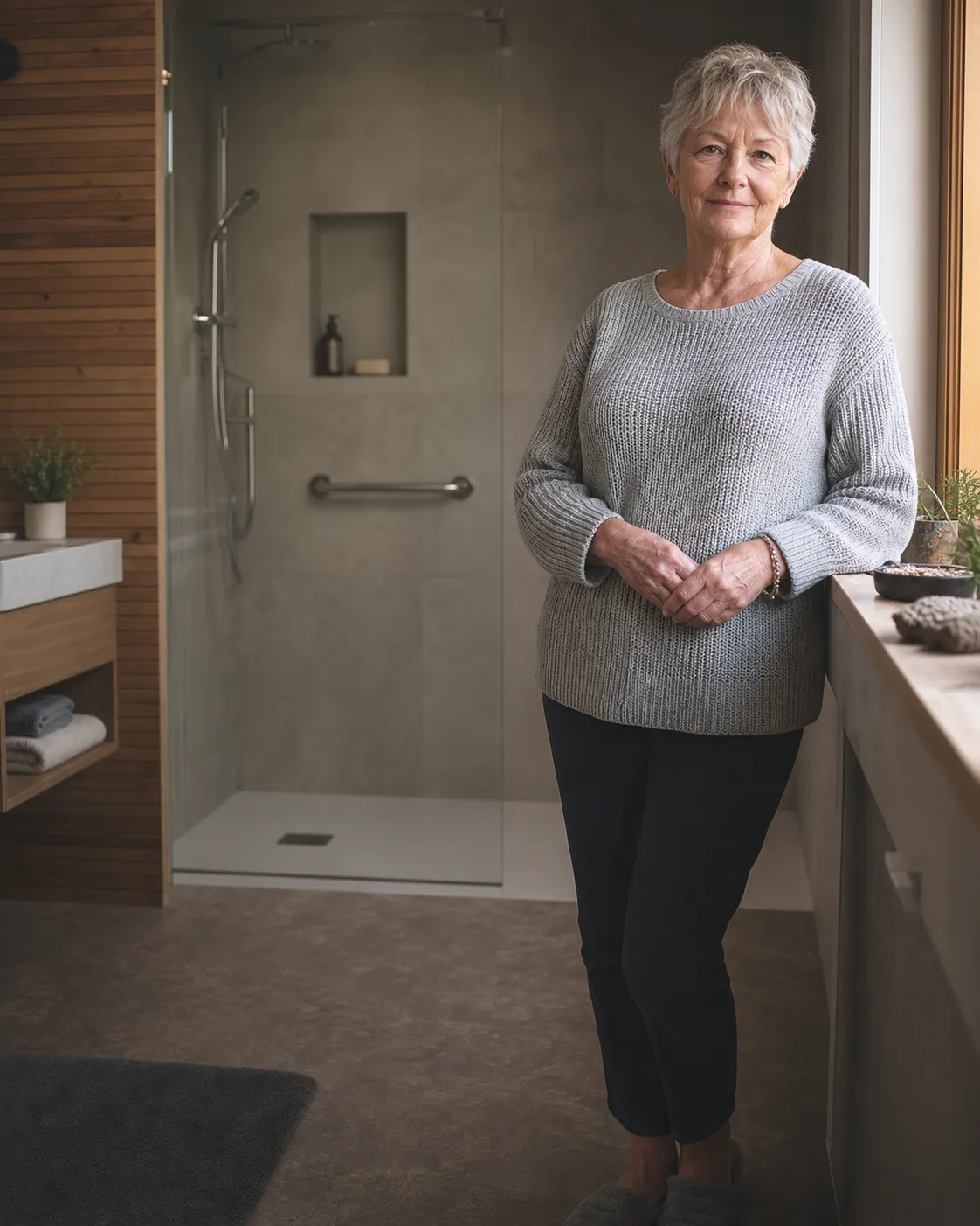 An older homeowner standing confidently in a warm level-access bathroom