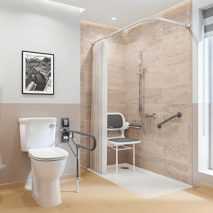 Slip-resistant bathroom flooring coved neatly up the wall