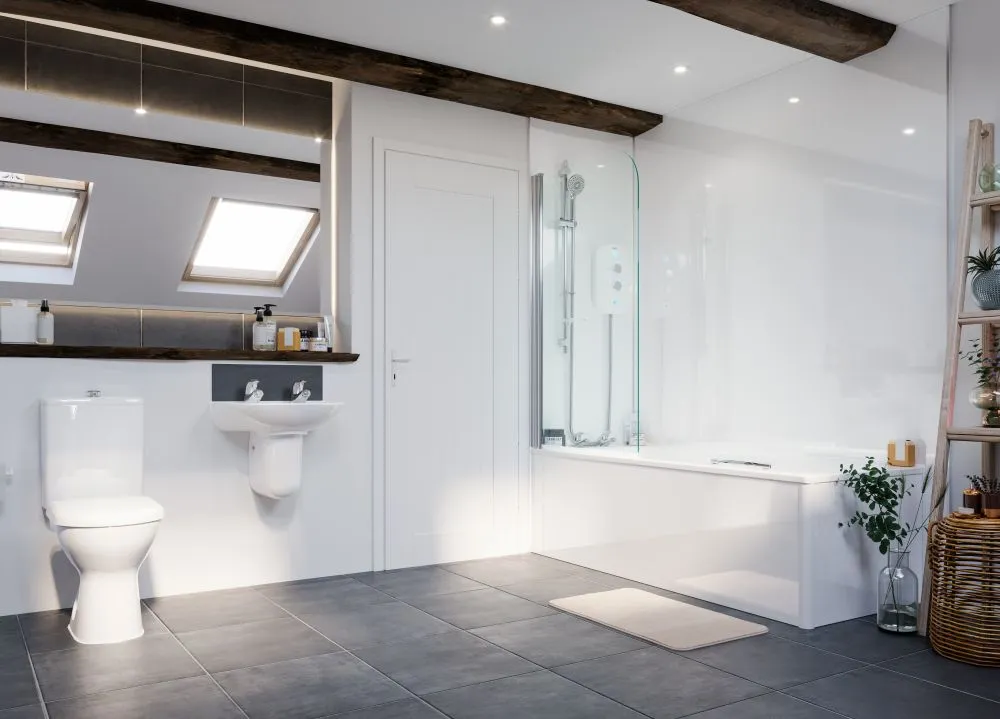 A walk-in bath fitted with a shower and curved glass screen