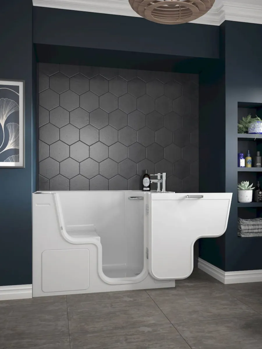 A modern walk-in bath with an easy-access door and integrated shower