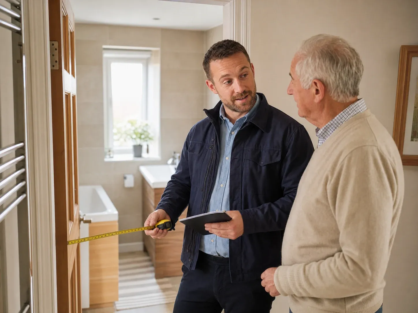 An Able Bathing designer measuring up a bathroom during a home design visit