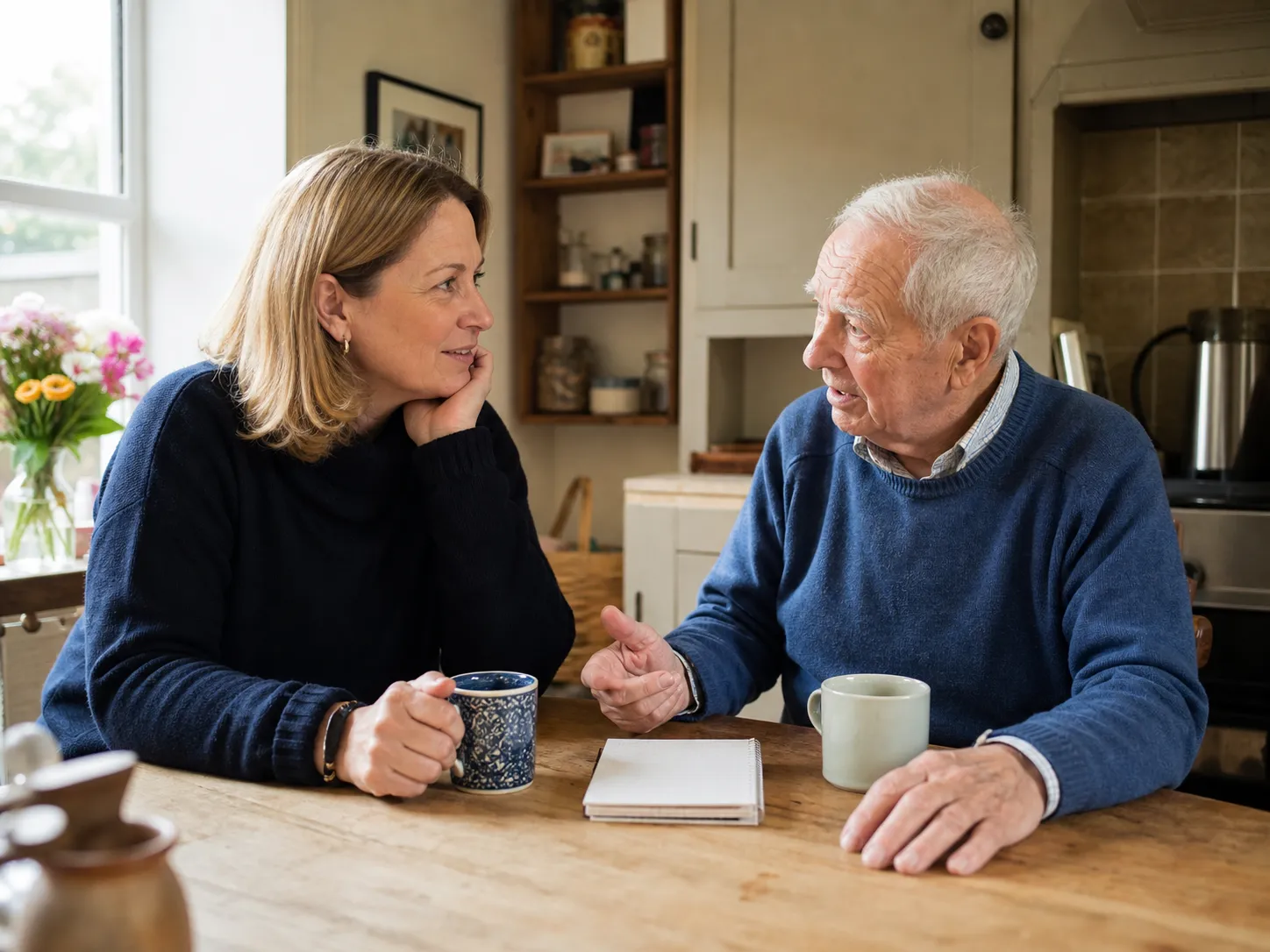 A daughter and her older father talking together over tea at his kitchen table