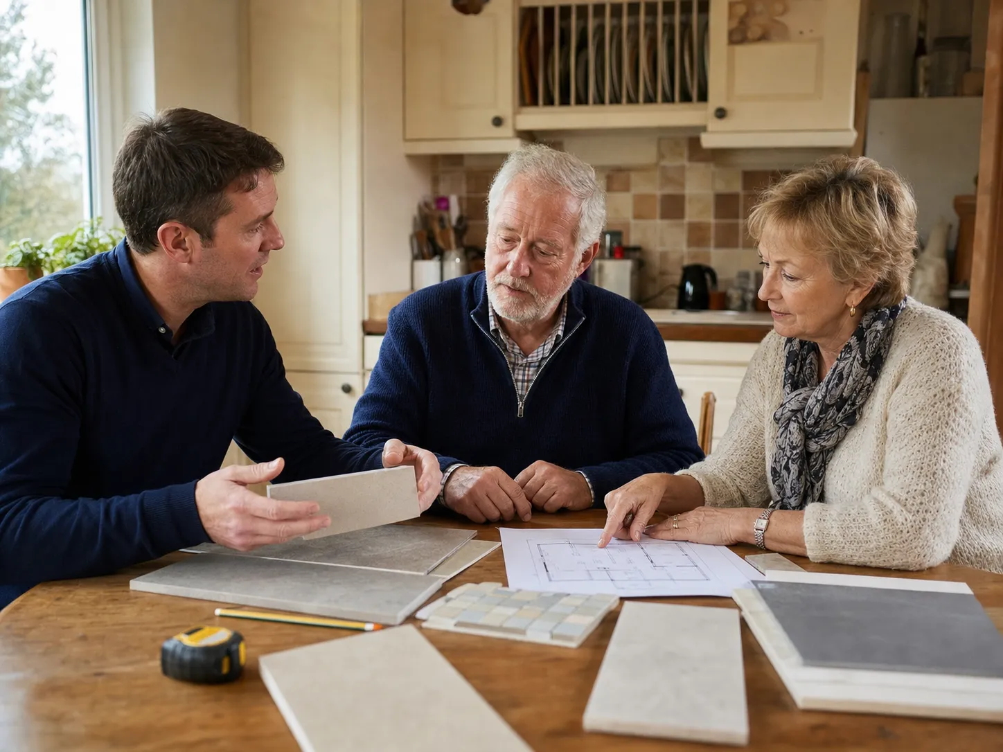 A bathroom adviser discussing a floor plan and samples with two homeowners