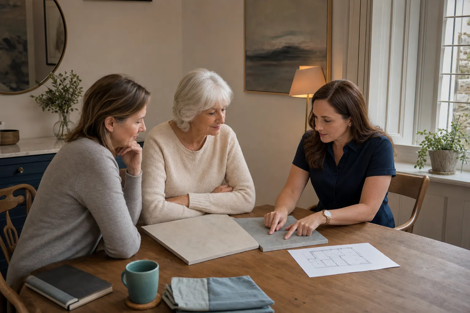 A design adviser and two homeowners comparing bathroom samples around a kitchen table