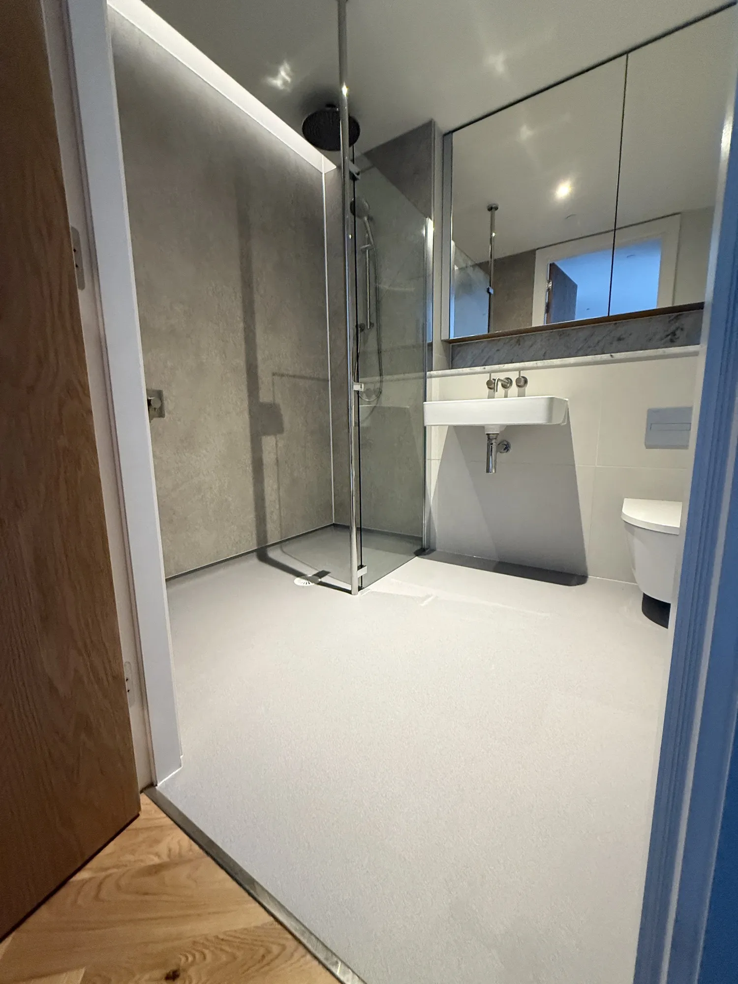 Walk-in shower with a glass screen beside the bathroom door