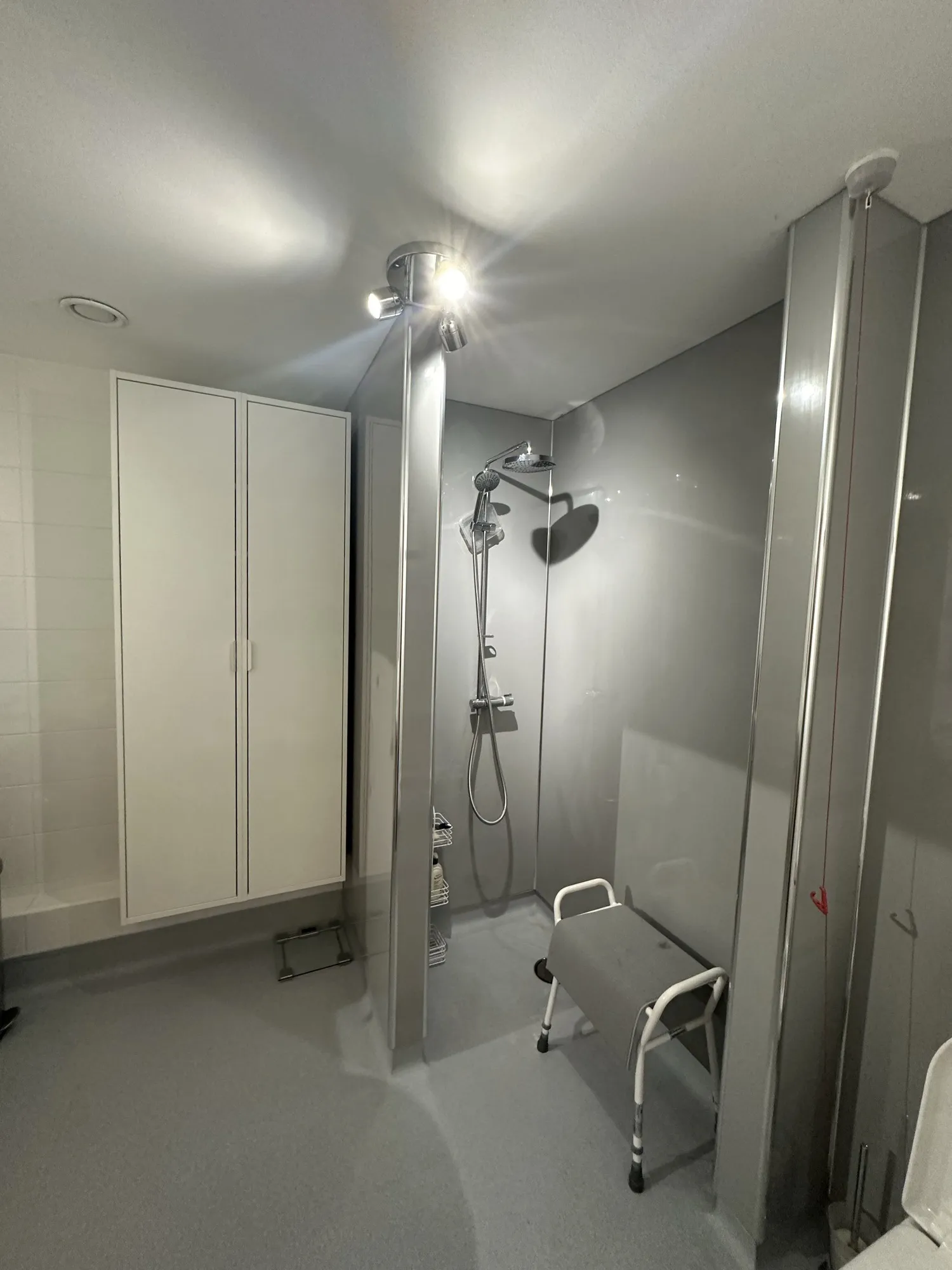 Shower area with white storage cupboards and a support rail