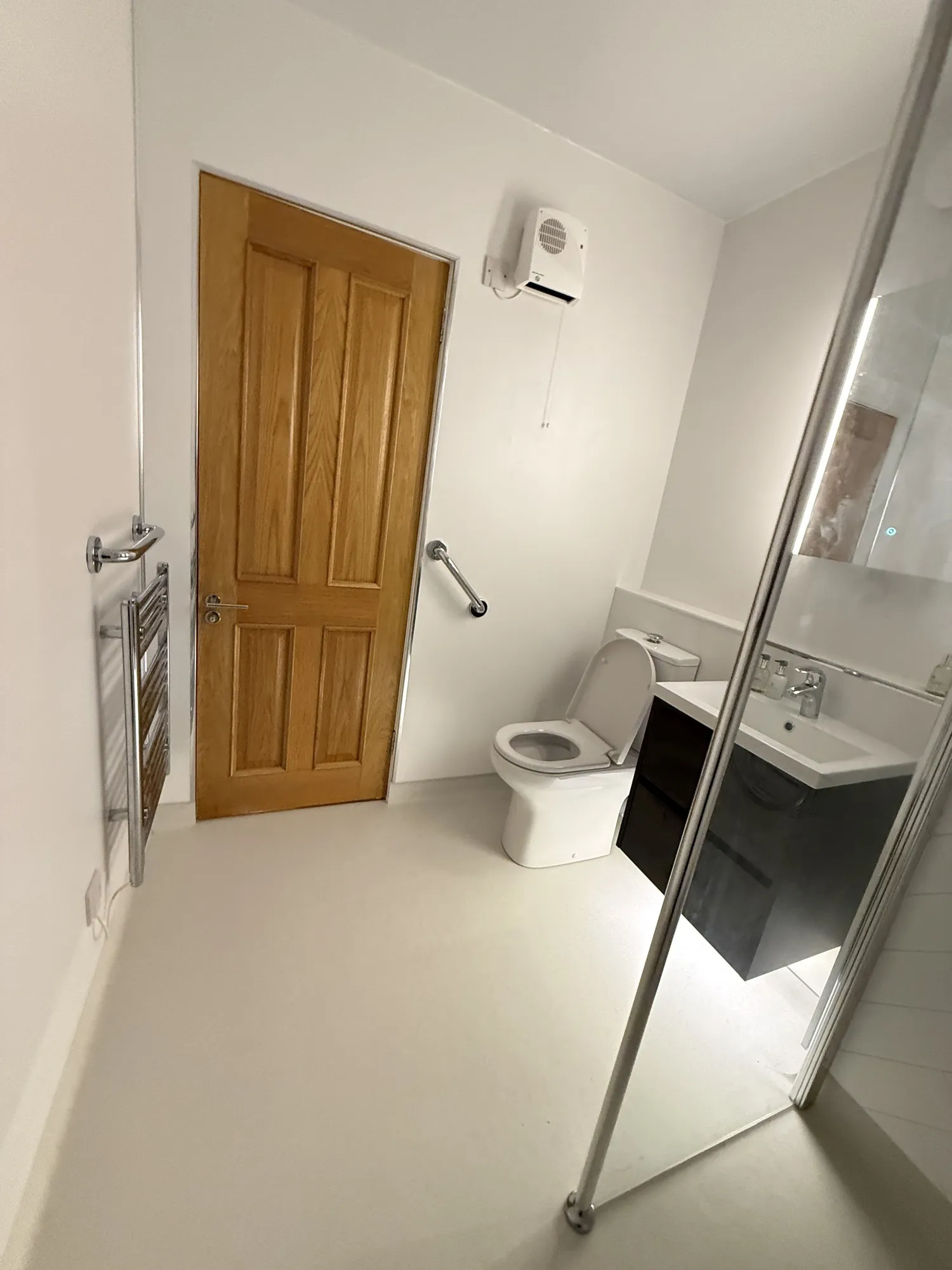 Accessible bathroom with a grab rail beside the toilet and an oak door