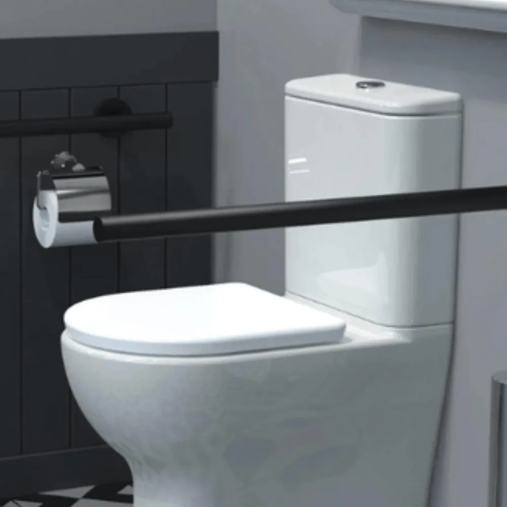 A black fold-down support rail fitted beside a toilet