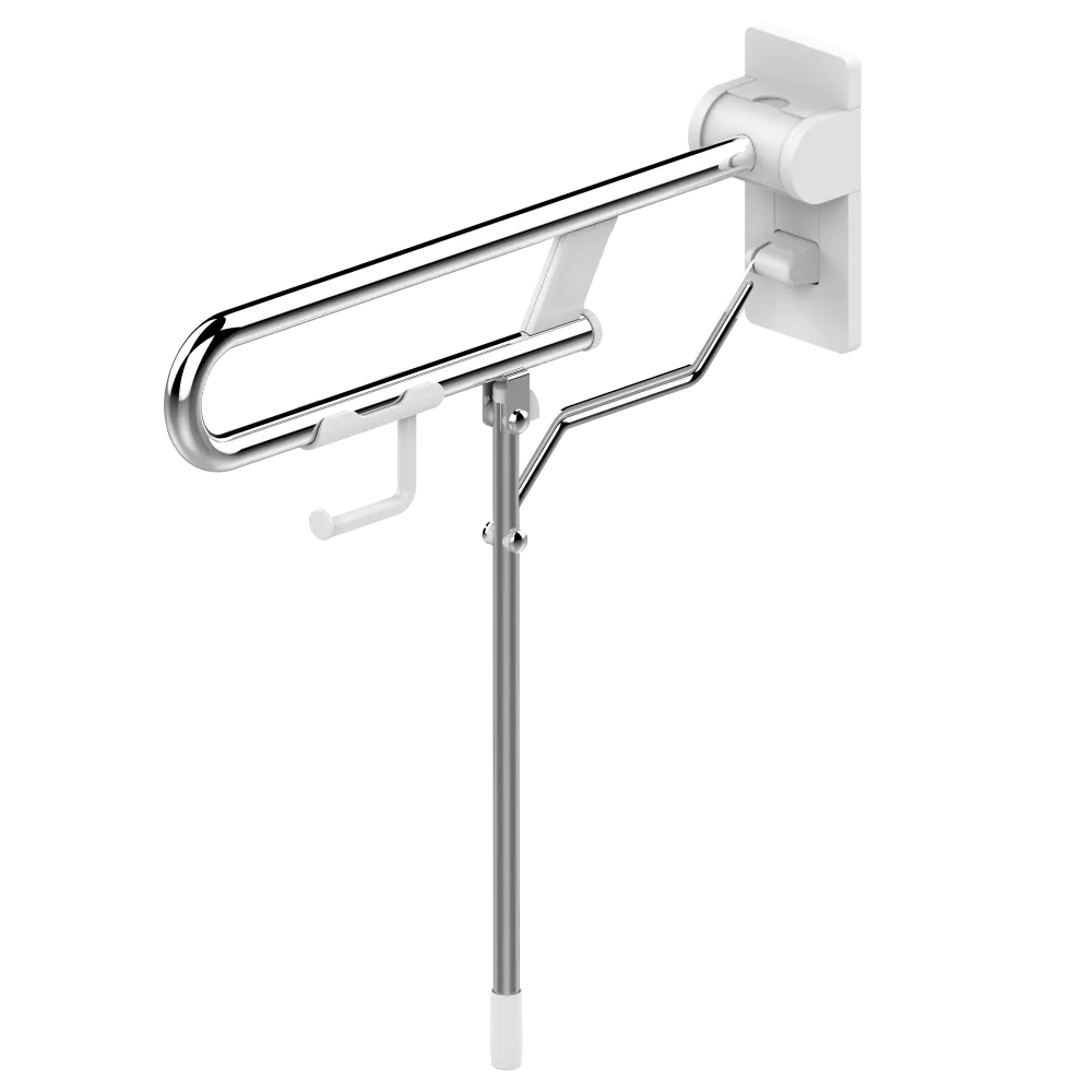 A fold-down support rail with a support leg and toilet-roll holder