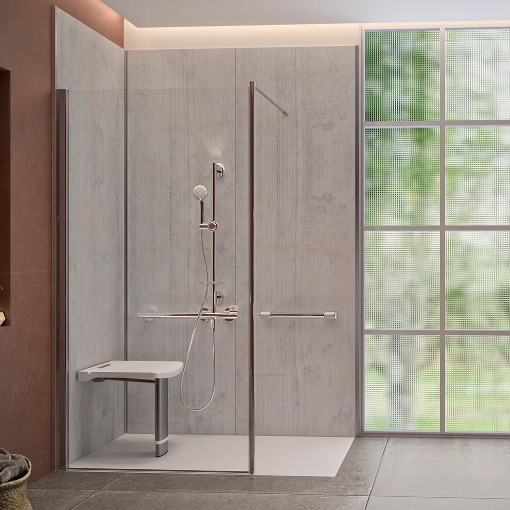 A warm modern bathroom with an easy-access walk-in shower