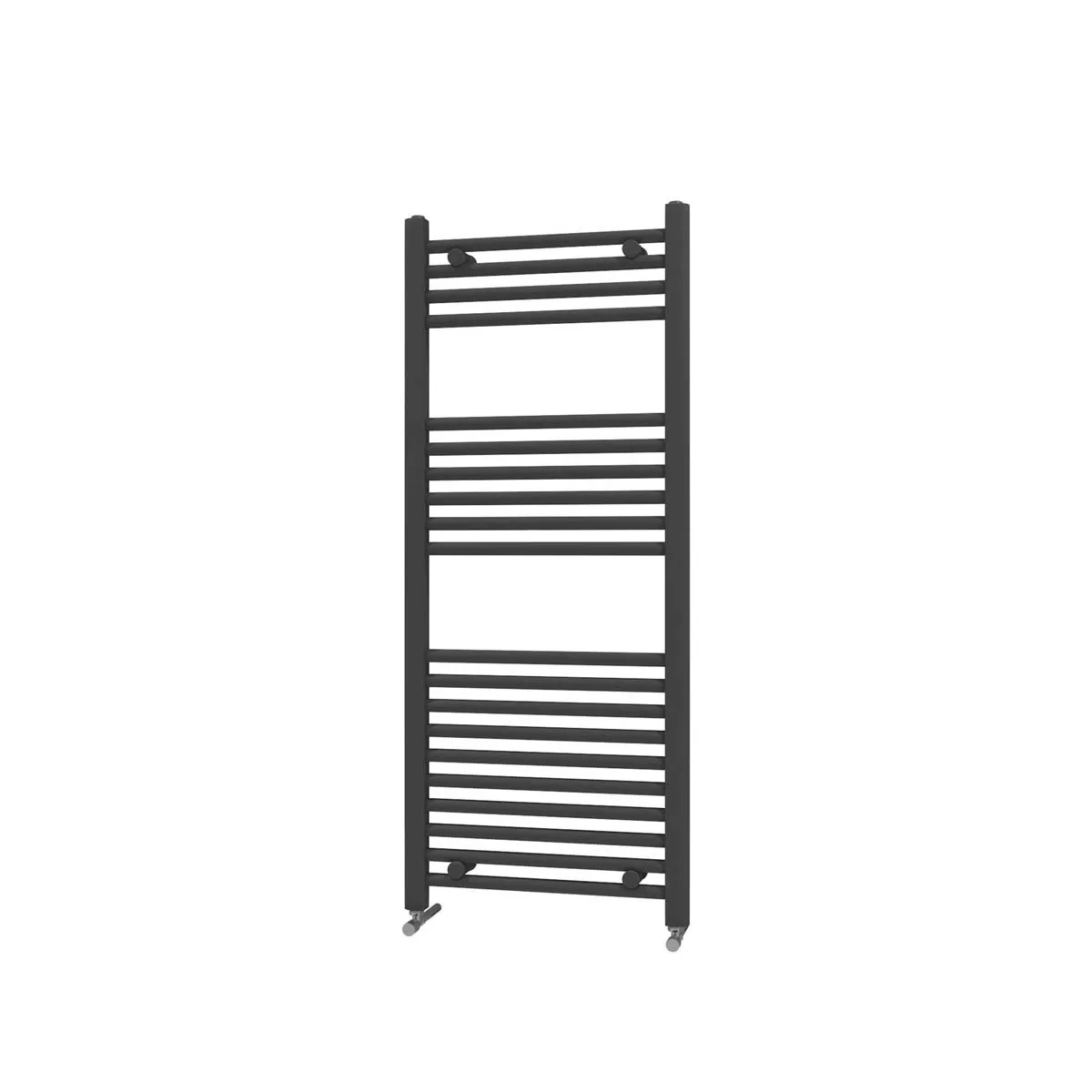 A black ladder-style heated towel rail