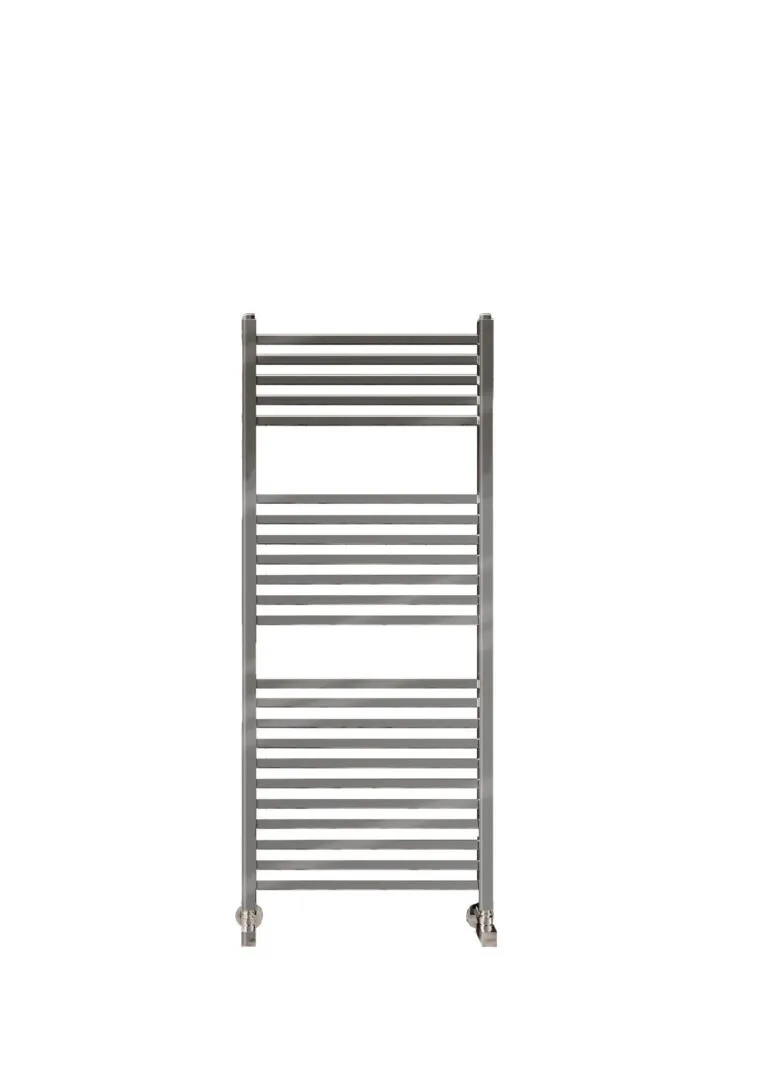 A chrome ladder-style heated bathroom towel rail
