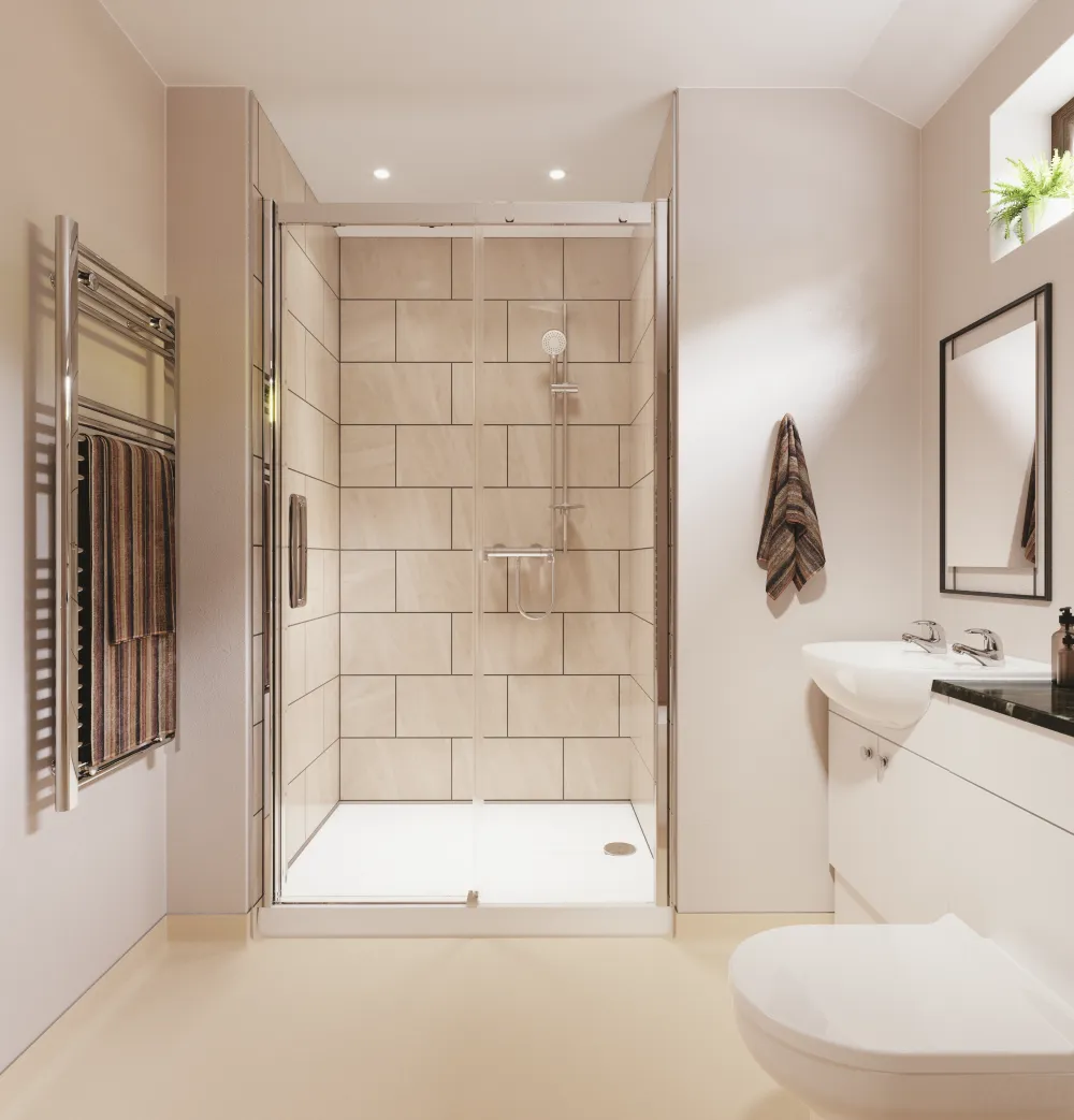 A cream bathroom with a full-height sliding shower screen