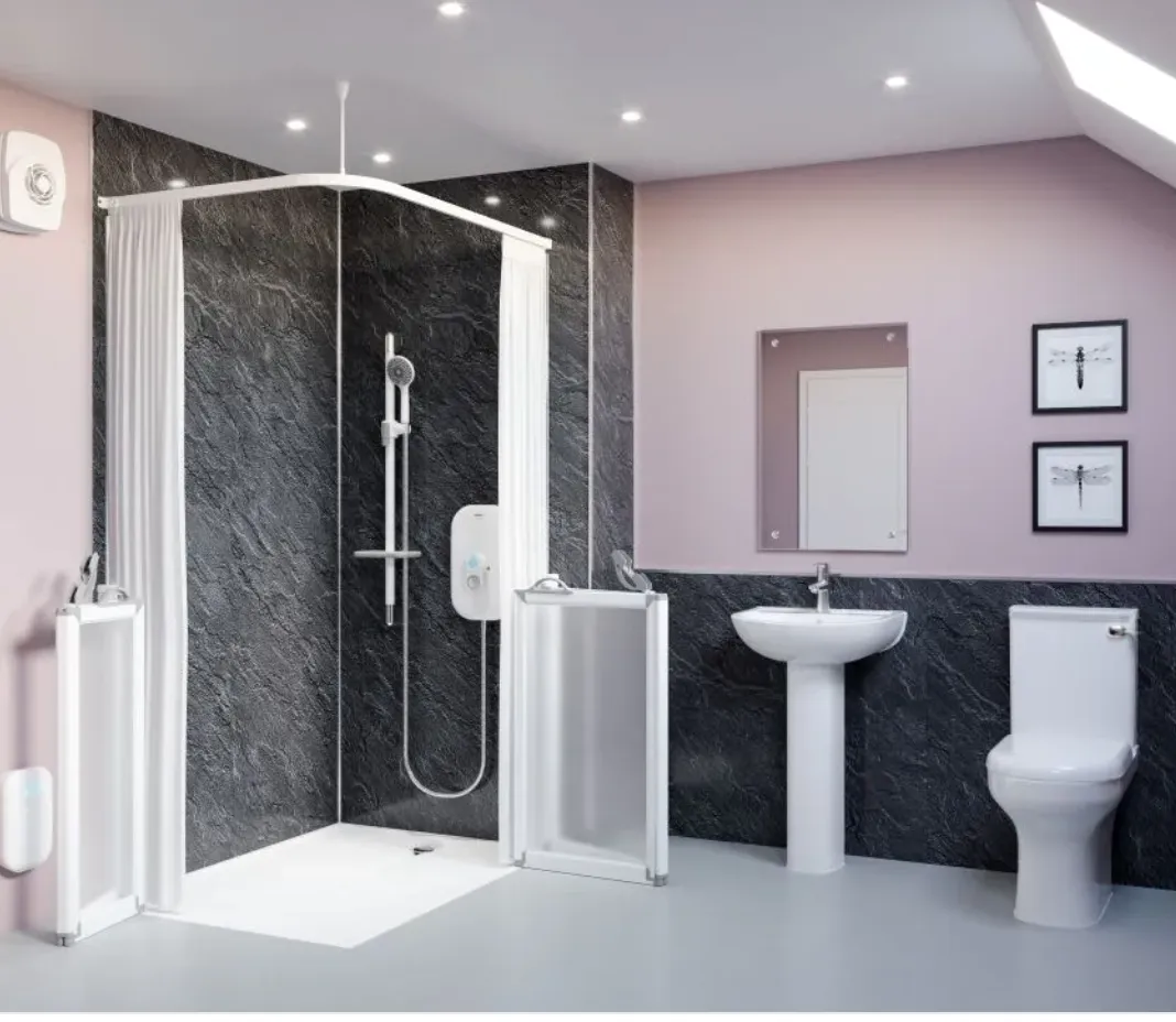 A shower with half-height stable doors and curtains