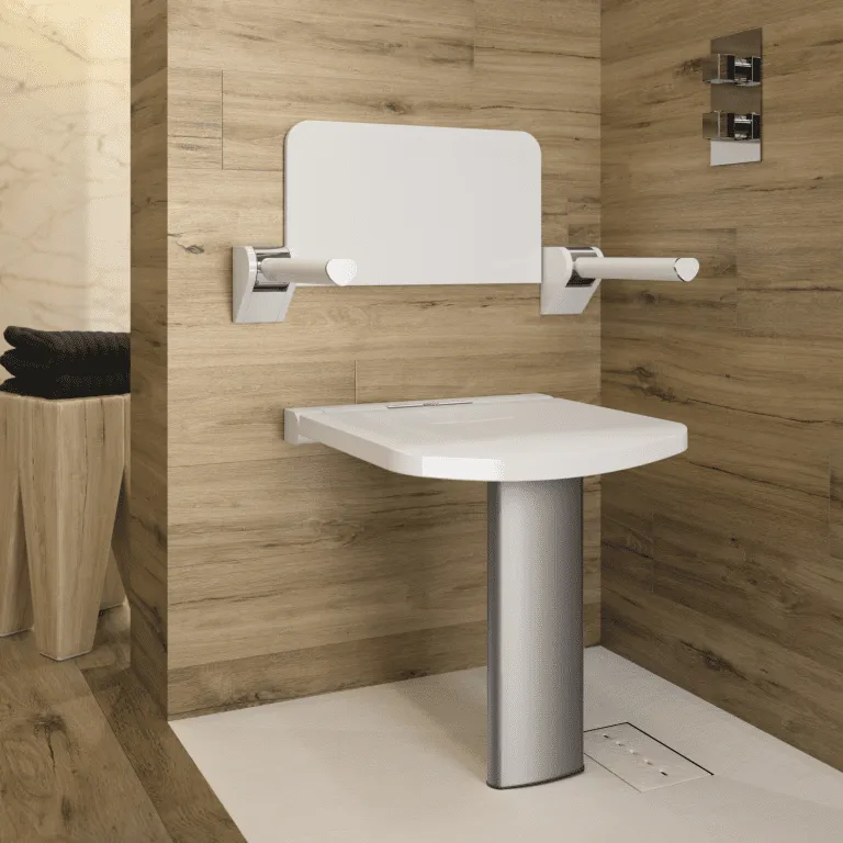 A shower seat with a back and arm supports