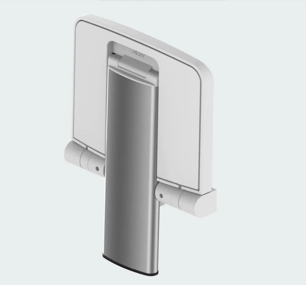 A folding shower seat flat against the wall