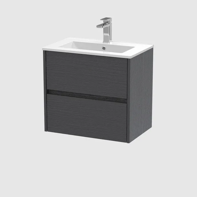 A charcoal wall-hung vanity unit with two drawers