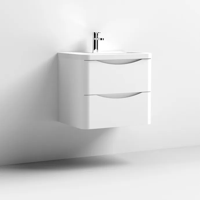 A white wall-hung vanity unit with curved drawer fronts