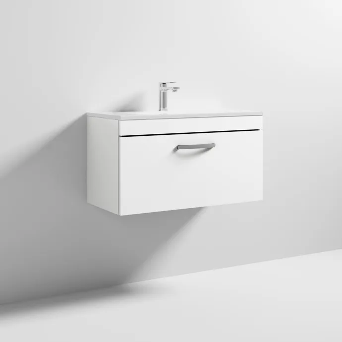 A white wall-hung vanity unit with a single drawer